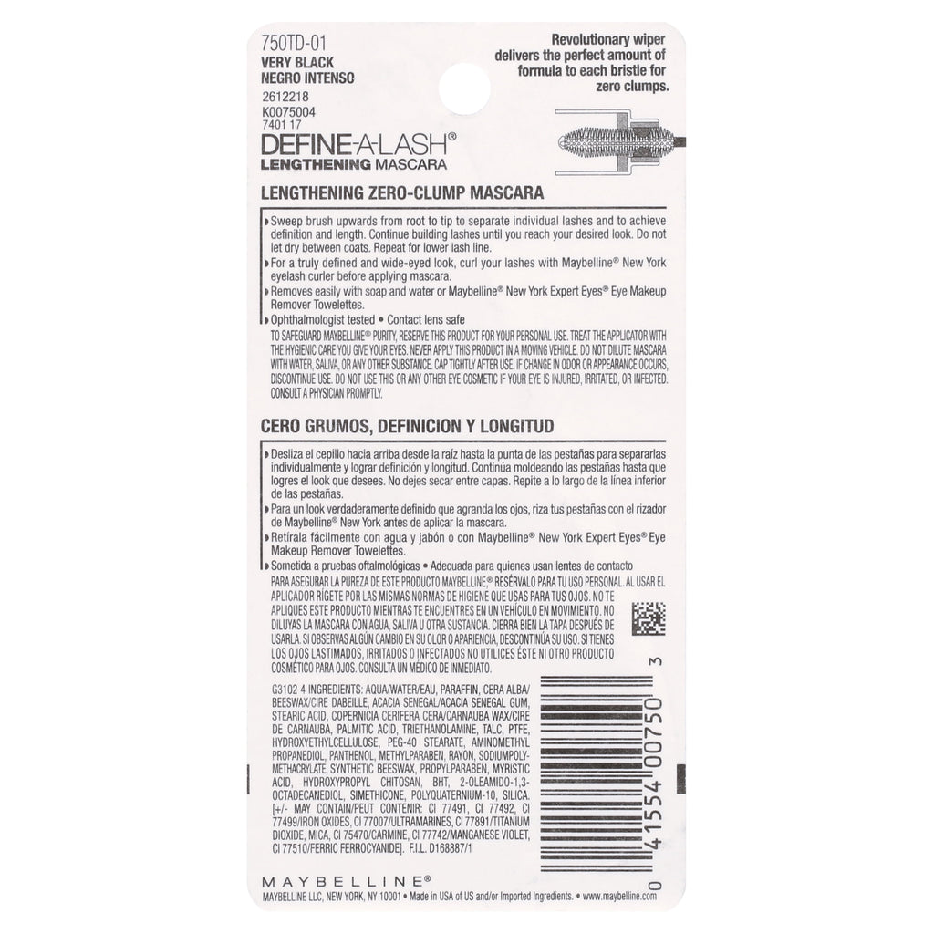 Maybelline Define-A-Lash Lengthening Washable Mascara, Very Black
