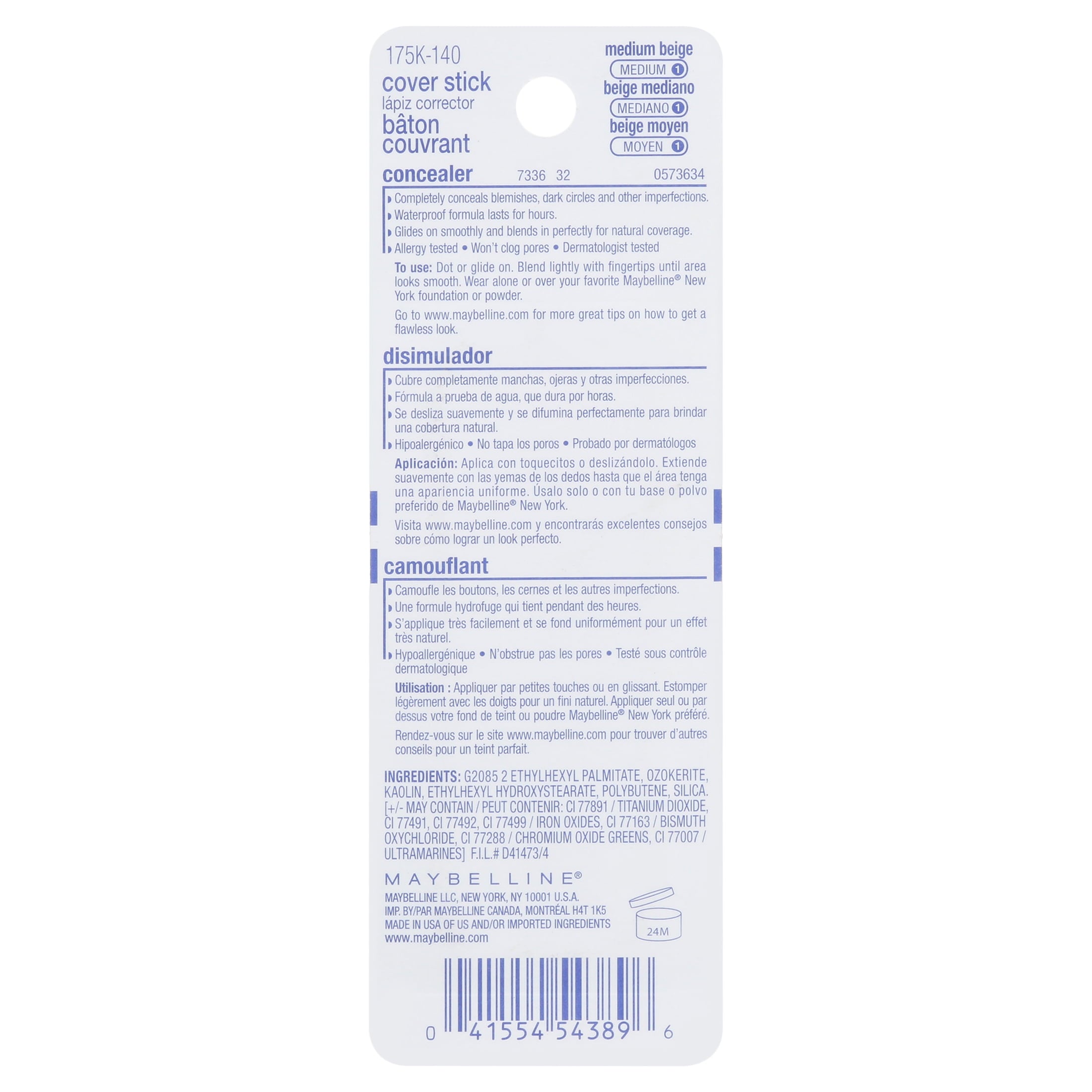 Maybelline Medium Beige Cover Stick Concealer Blemish Corrector, 0.16 oz