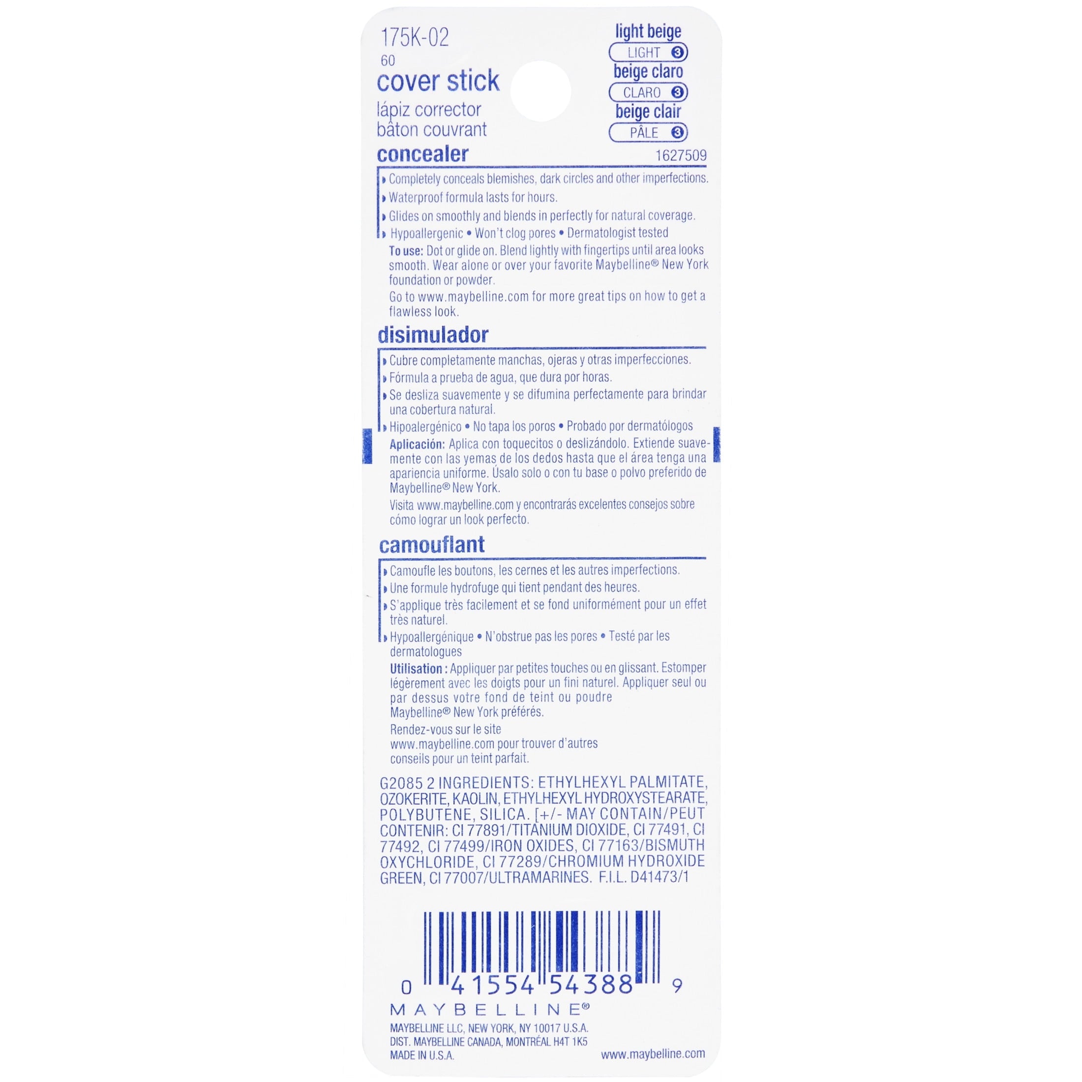Maybelline Cover Stick Corrector Concealer, Light Beige, 0.16 oz