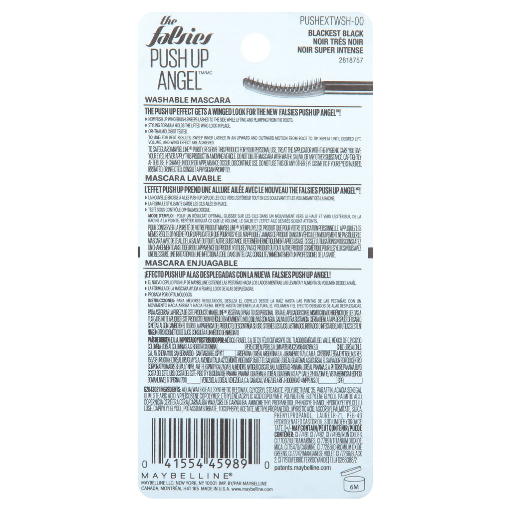 Maybelline The Falsies Push up Angel Washable Mascara, Blackest Black, 0.33 fl oz