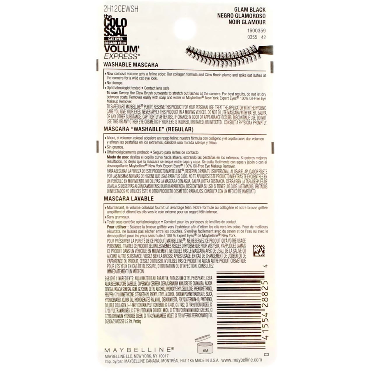 Maybelline Volum' Express The Falsies Colossal Cat Eyes Washable Mascara, Glam Black [233], 0.31 oz