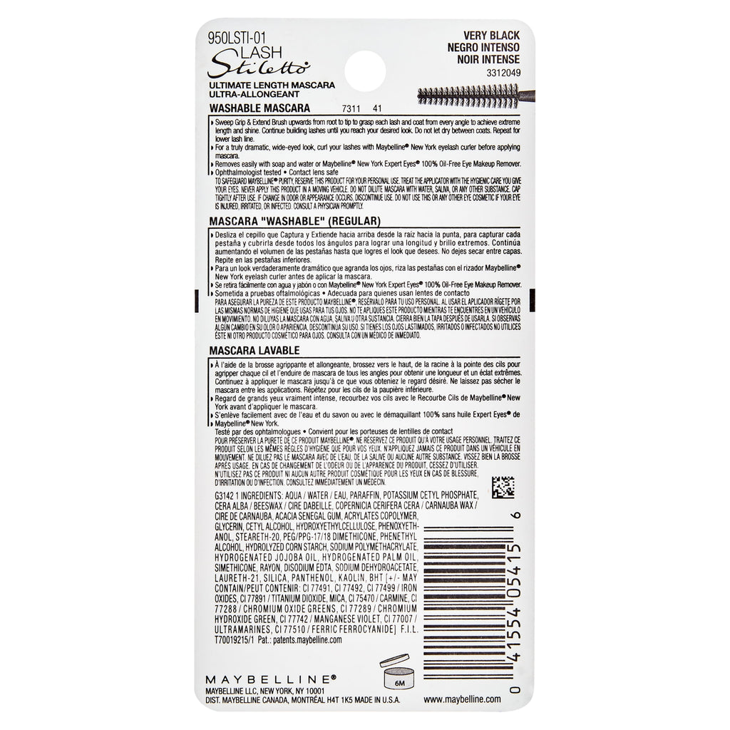 Maybelline Lash Stiletto Ultimate Length Washable Mascara, Very Black