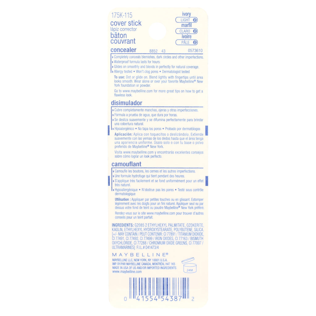 Maybelline Cover Stick Corrector Concealer, Ivory, 0.16 oz