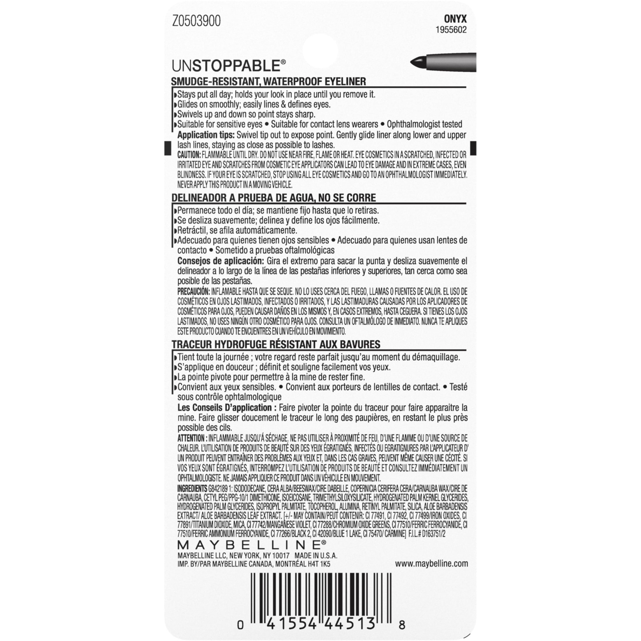 Maybelline Unstoppable Waterproof and Smudge Resistant Eyeliner Pencil, Onyx, 2-pack